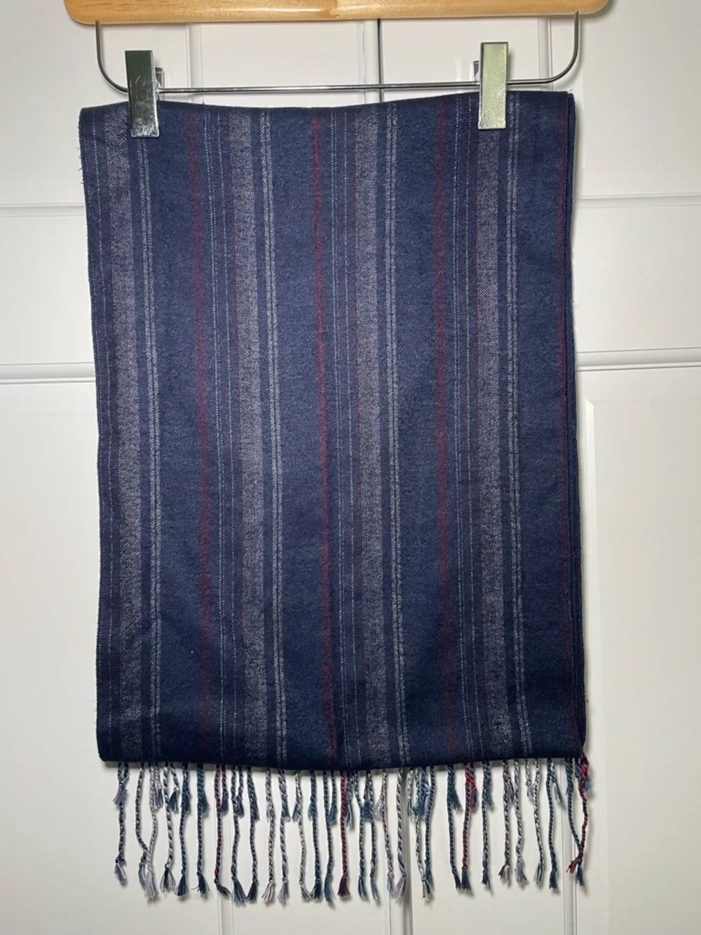 English Laundry 100% Silk Dark Navy Scarf with Gray and Red Stripes